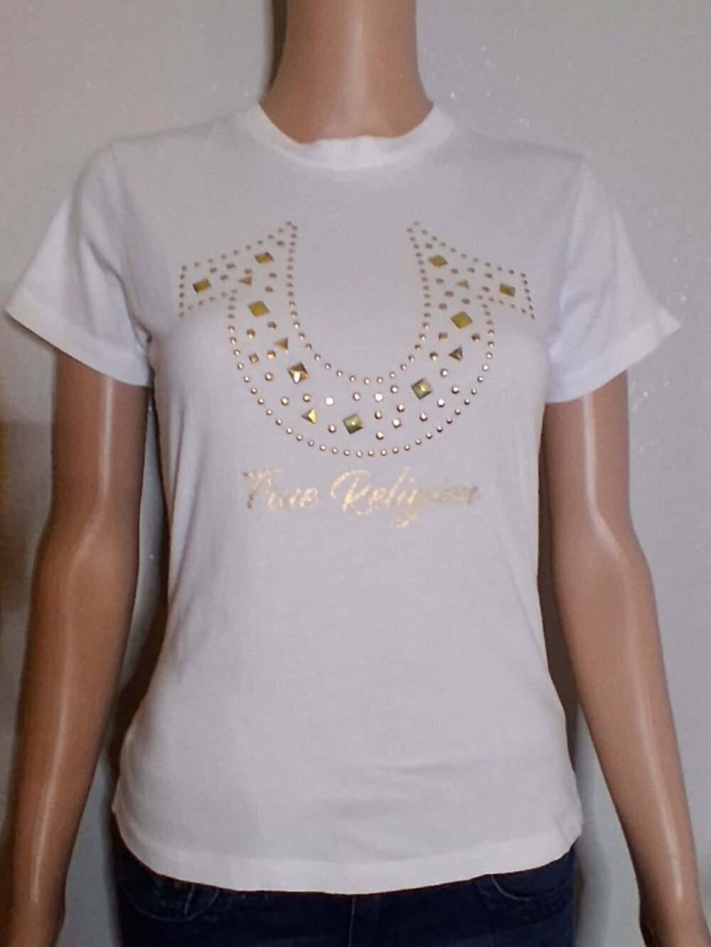 True Religion Woman White Embezzled Short Sleeve T-Shirt ES